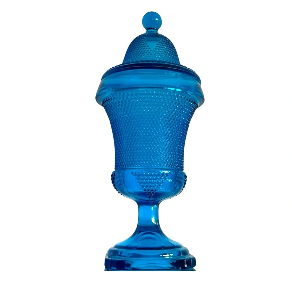 Vintage L.E. smith turquoise blue footed apothecary jar with lid